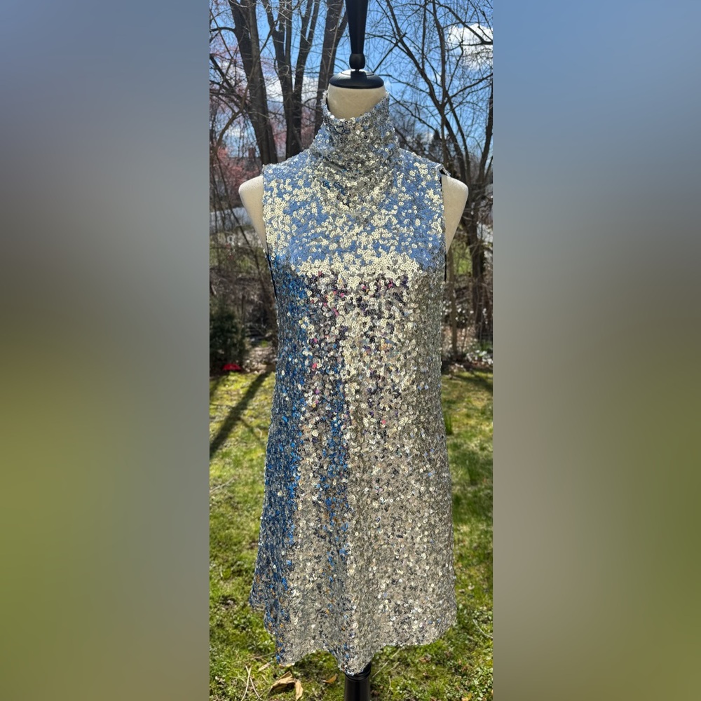 Nasty Gal High Neck Sleeveless Sequin Silver Mini Dress Size US 2 NEW WITH TAGS